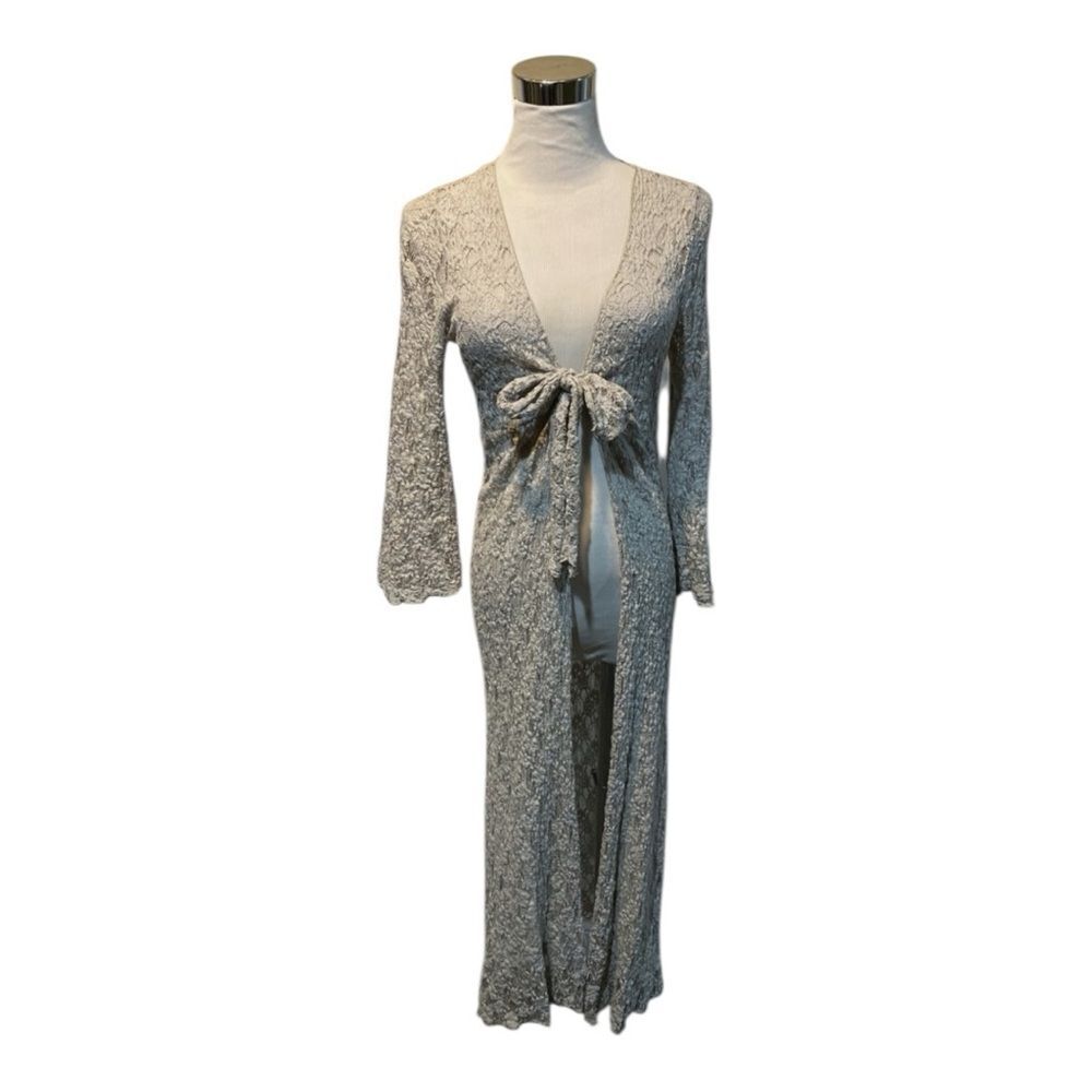 CAbi Womens Long Light Gray Lace Long Duster Cardigan Style 891 Tie Front | S